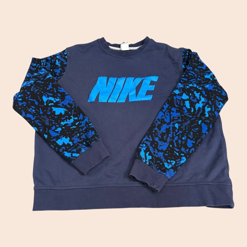Nike Club Sweatshirt Mens 2XL Blue Camo Long Sleeve Spell Out Crew Neck Pullover